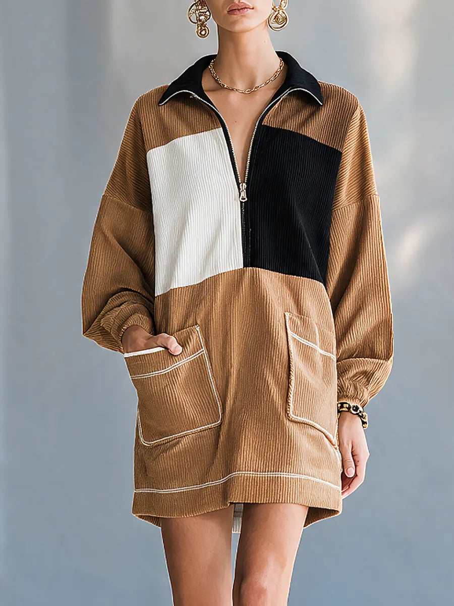 Women's Collared Half-Zip Colorblock Drop-Shoulder Long-Sleeve Corduroy Mini Dress MDZ2713H0CMX