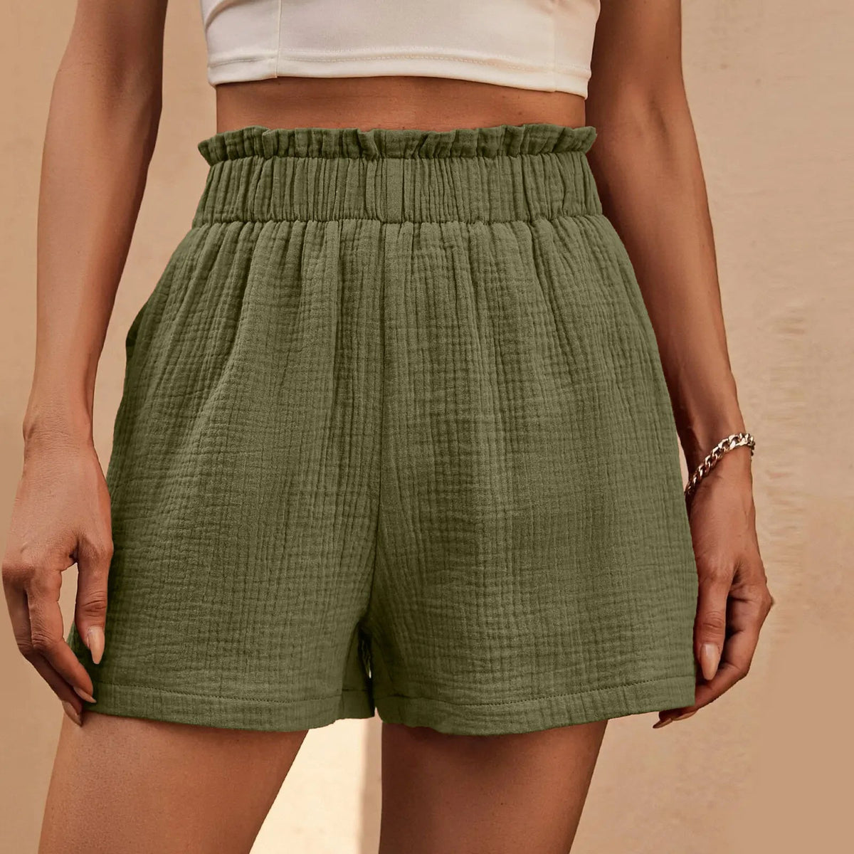 Cotton Double Layered Pleats Hem Straight Leg High Waist Sports Short