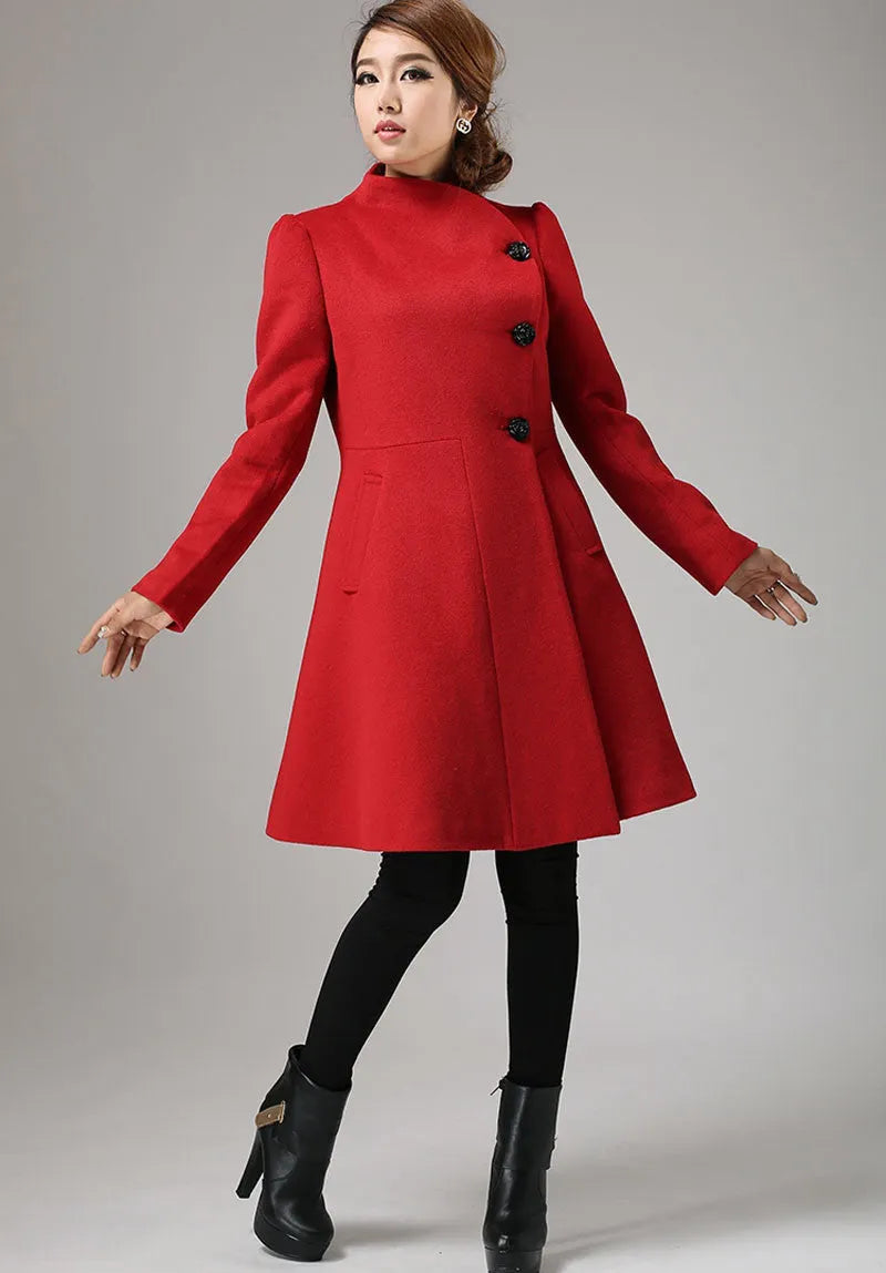 Red Wool Winter Coat – Vintage Fit and Flare Asymmetric Button Overcoat 734