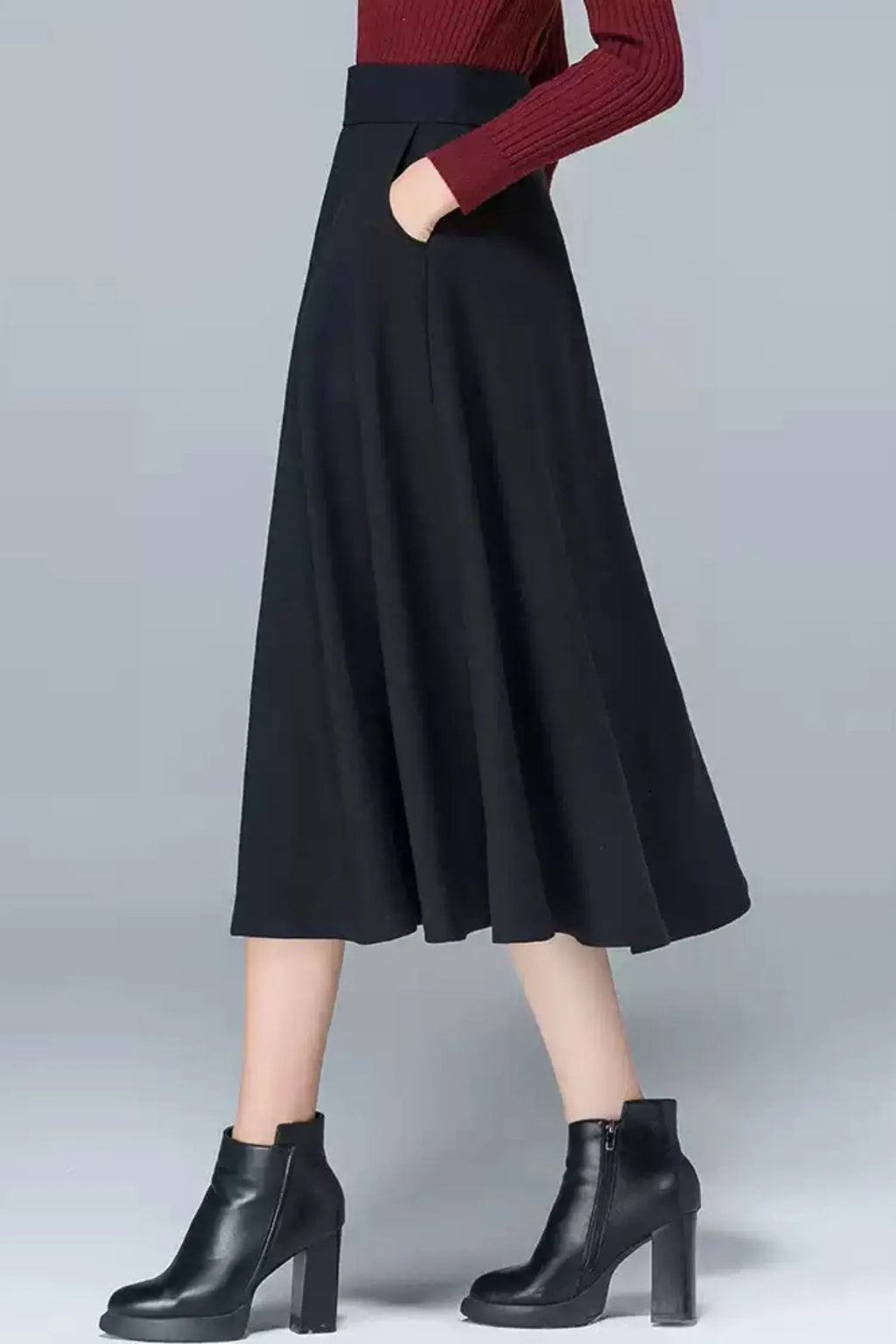 Polyester High Waist Midi Skirt - Pleated A-Line Lined 