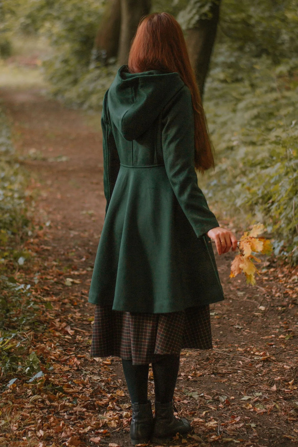 Army Green Wool Coat - Hooded Fit and Flare Knee-Length 3172
