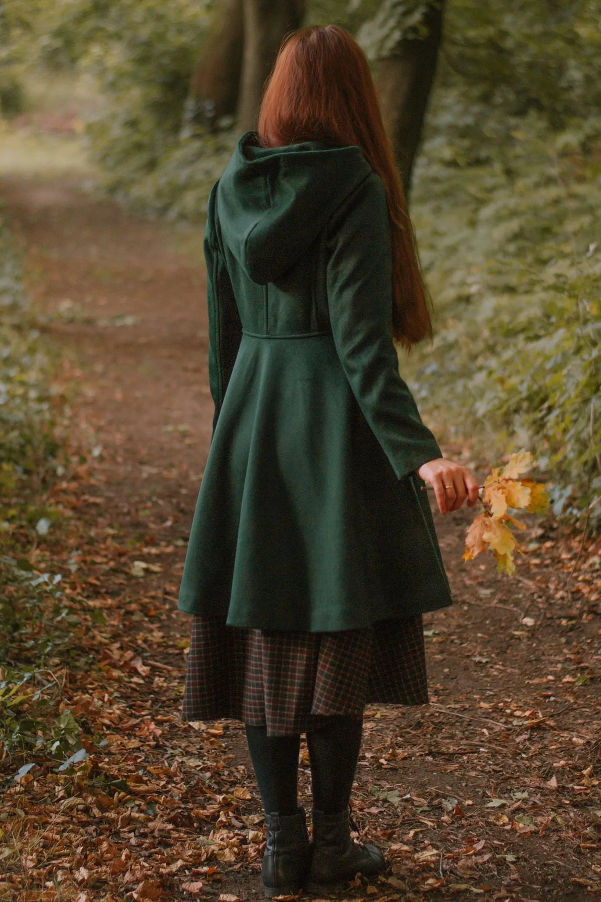 Army Green Wool Coat - Hooded Fit and Flare Knee-Length 3172