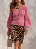 Vacation-style Solid-color Long-sleeve V-neck Top And Leopard-print Skirt Set