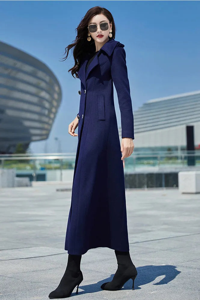 Navy Blue Wool Coat – Long Double Breasted Fit & Flare Winter Overcoat 