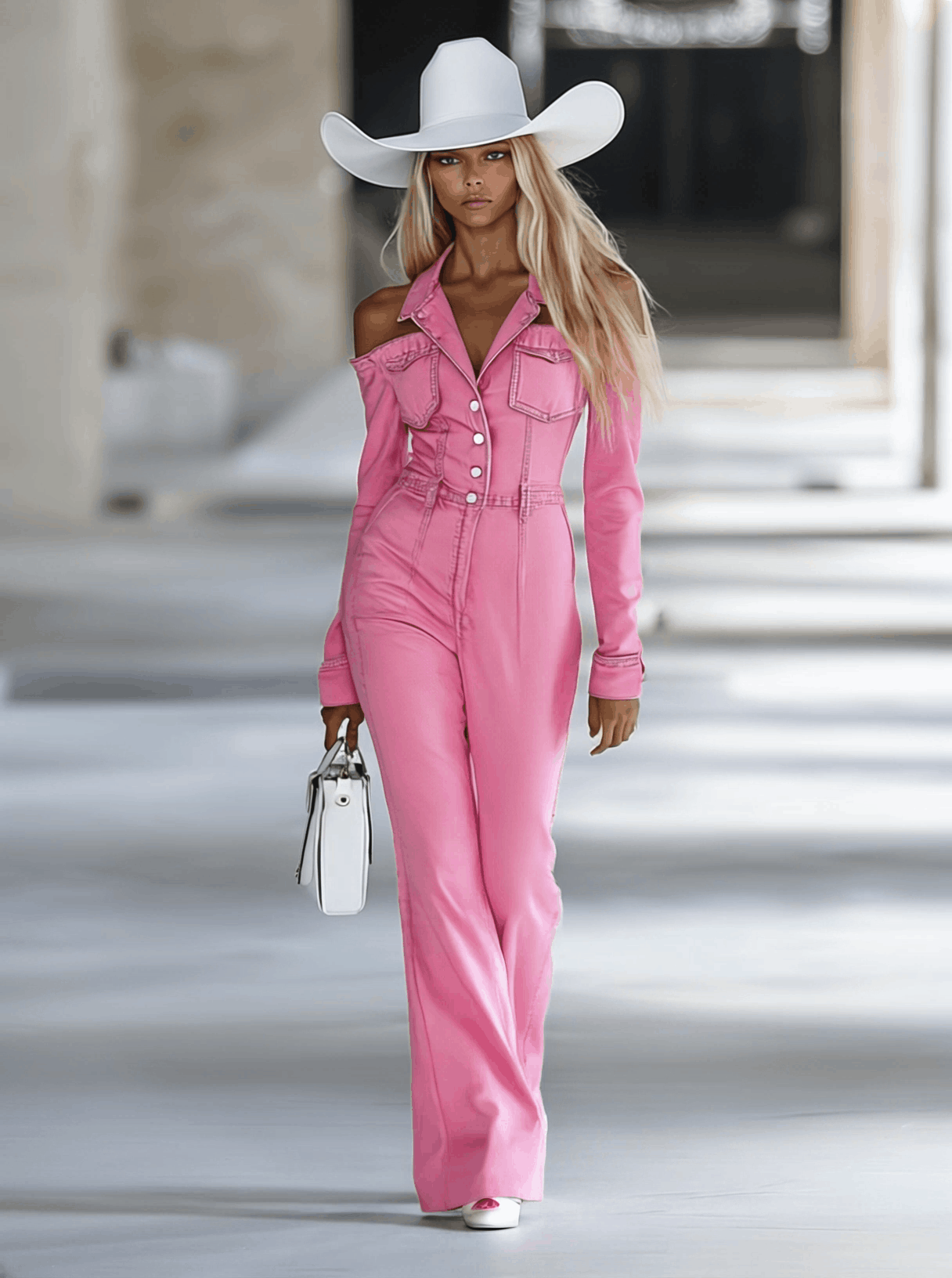 Fashionable Personalized Lapel Pink Denim Off-the-shoulder Long-sleeved Flared Jumpsuit