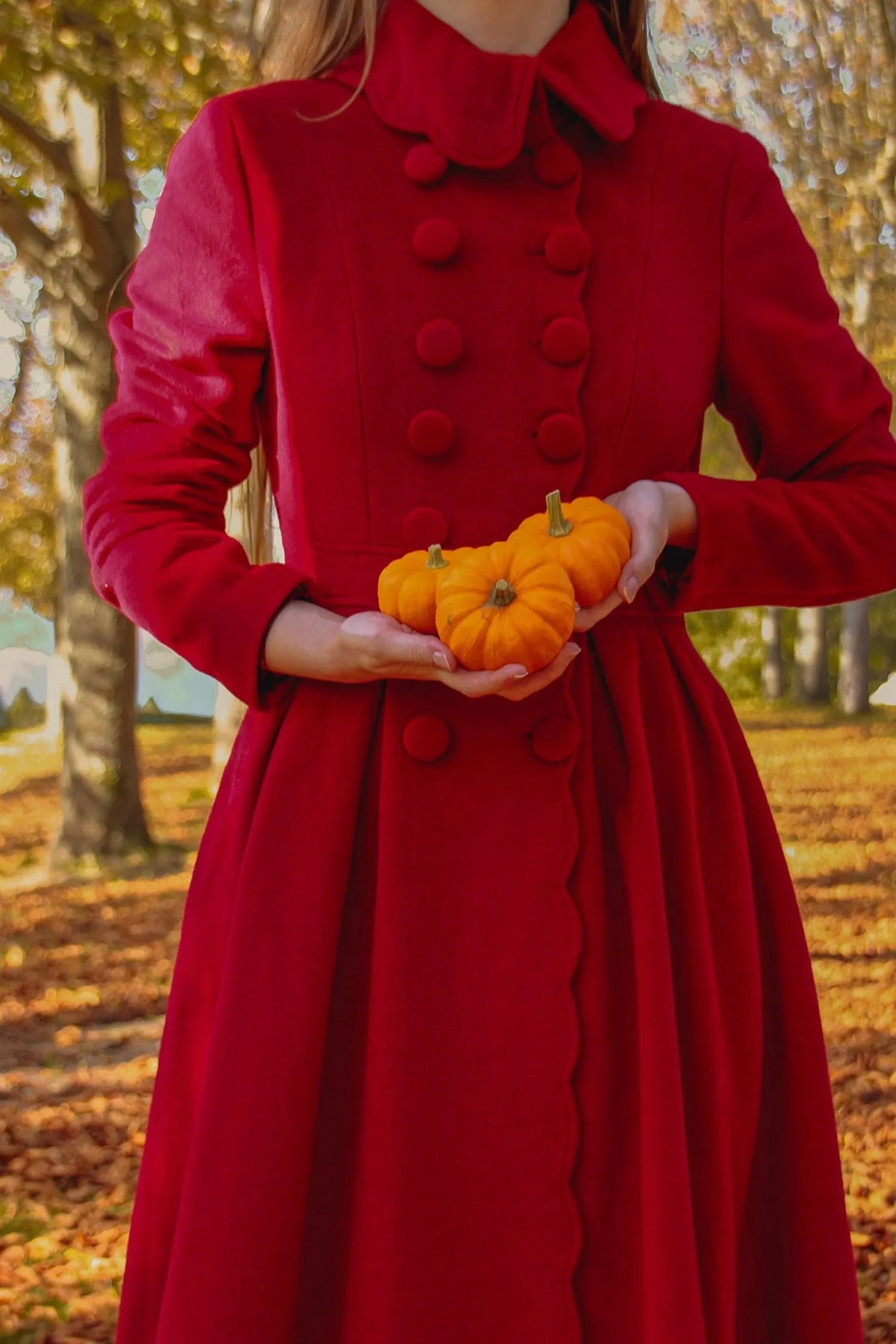 Red Wool Maxi Coat - Vintage Princess Silhouette with Pleated Detail 3219