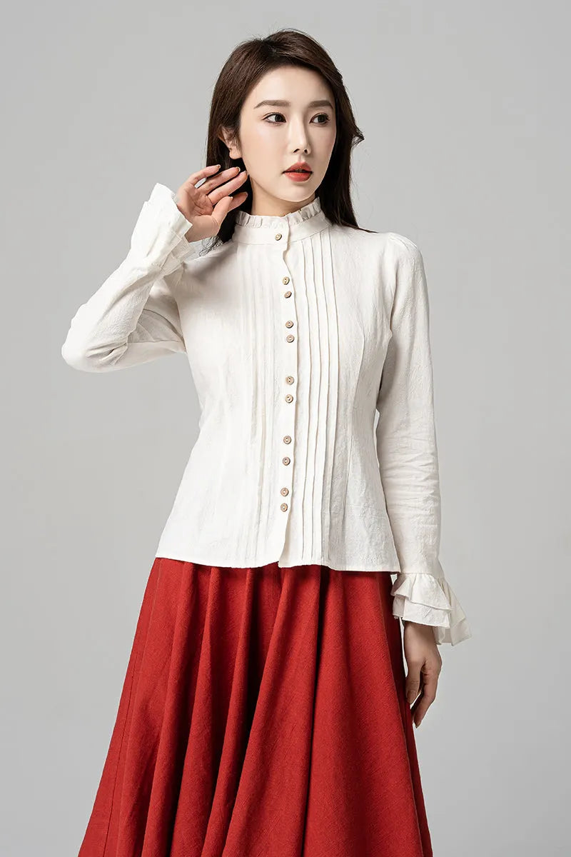 White Linen Blouse - Frill Mock Neck Lantern Sleeve Button-Up 