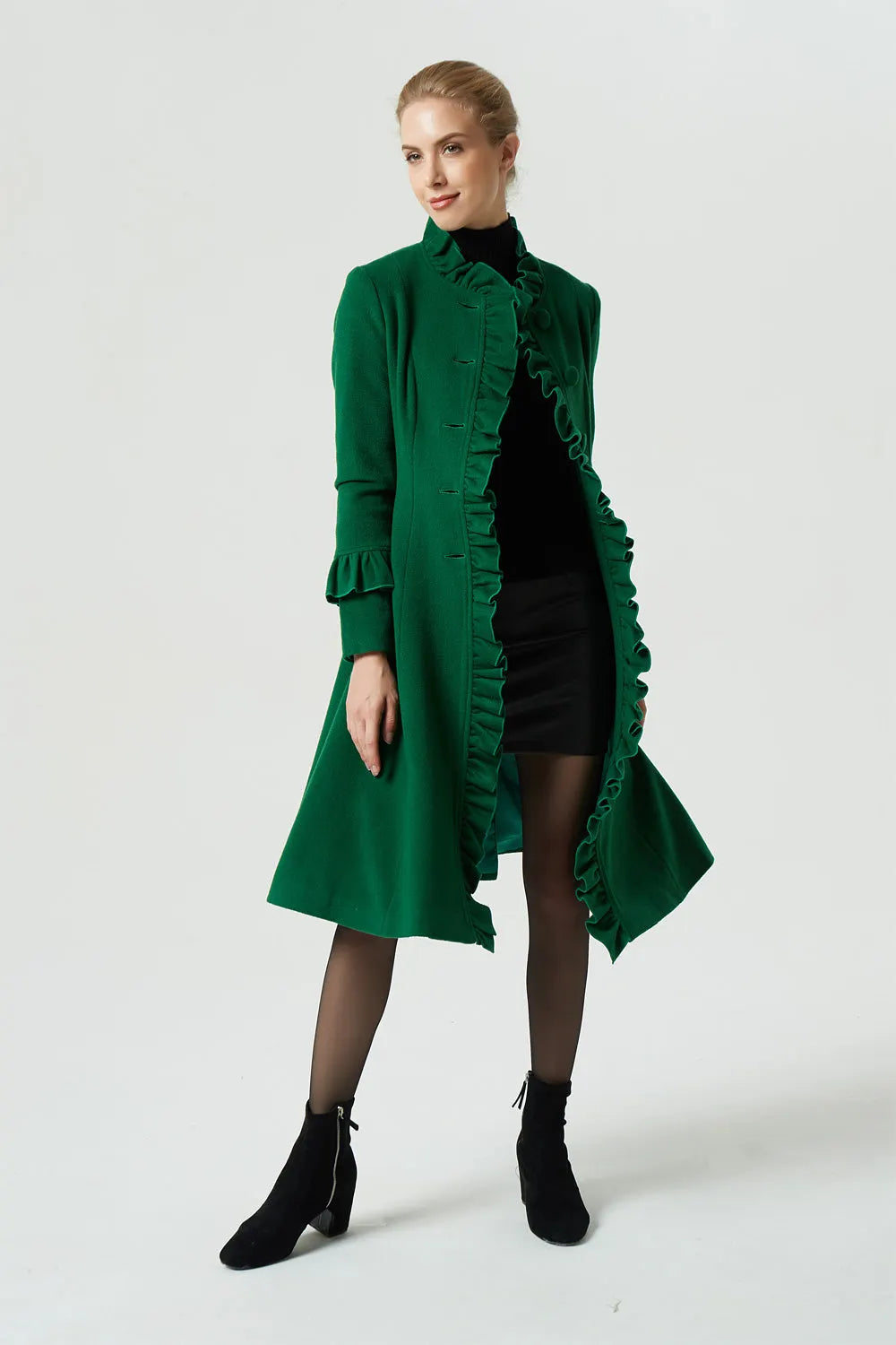 Women’s Green Wool Blend Coat with Ruffled Trim – Vintage Winter Coat 