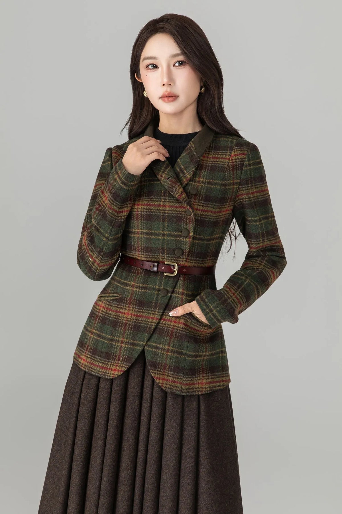 Army Green Wool Blend Plaid Top - Fit and Flare Button Front 6989