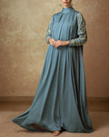 High Neck Gathered Embroidered Puff Sleevedress