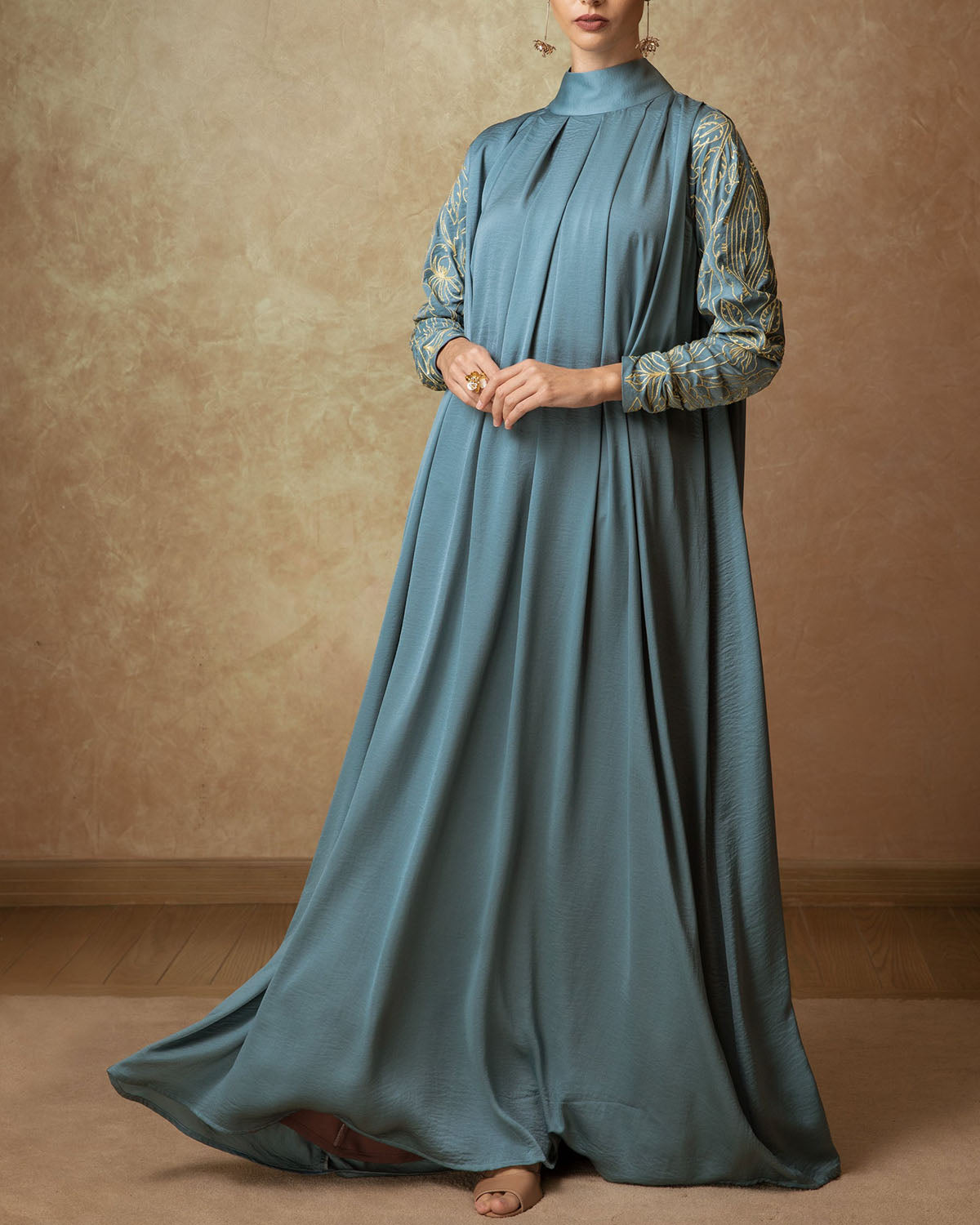 High Neck Gathered Embroidered Puff Sleevedress
