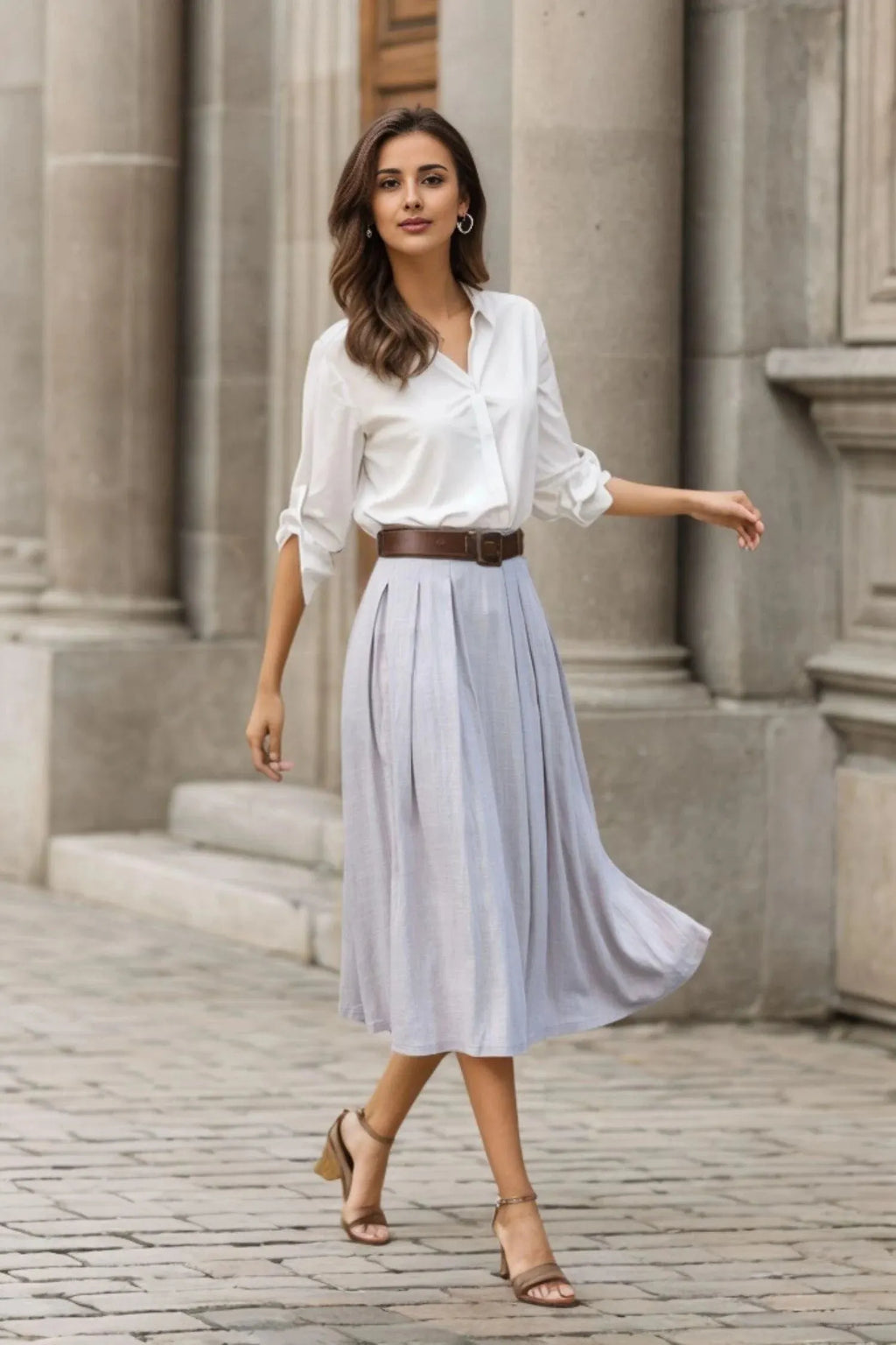 Light Grey Cotton Linen Midi Skirt - Pleated A-Line High Waist 3544