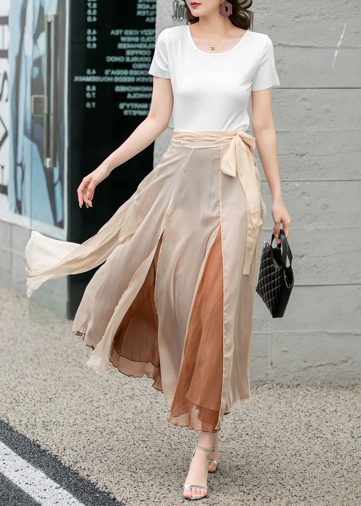 Apricot Chiffon Midi Wrap Skirt - Flowing Circle Silhouette 4277