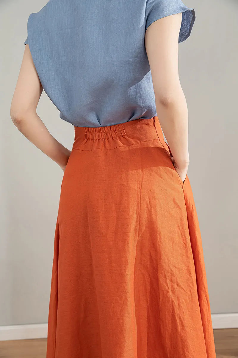 Orange Linen Skirt - High Waisted A-Line Midi Skirt 4215