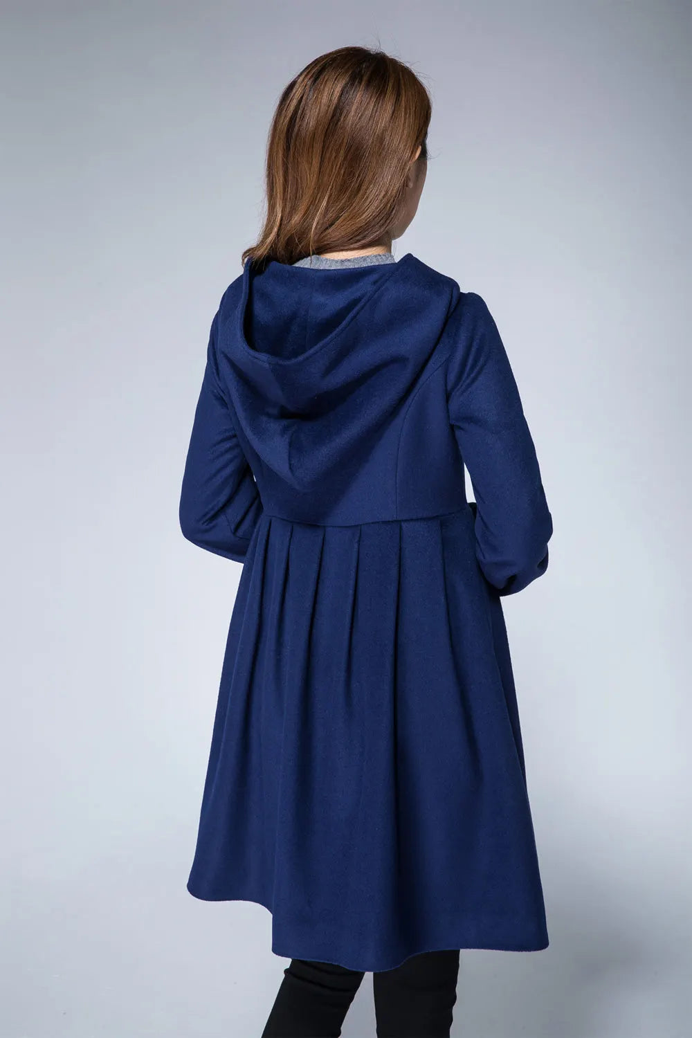 Navy Blue Hooded Wool Coat – Lantern Sleeve Winter Short Coat 