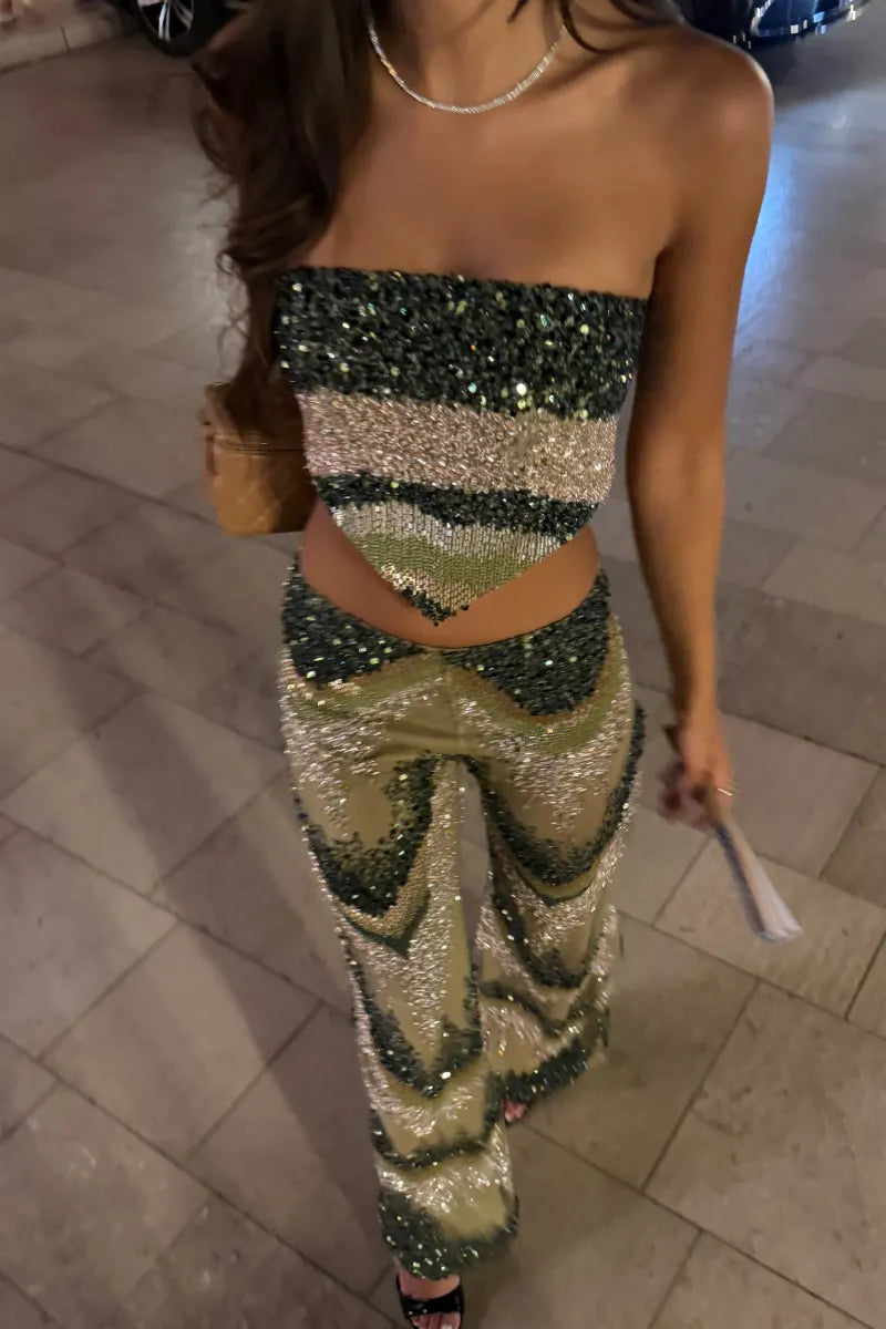  Sequin Tube Top & Flare Pants Two Piece Set