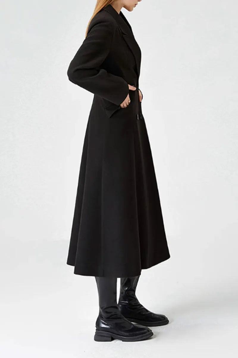 Black Wool Blend Long Coat - Double Breasted Belted 