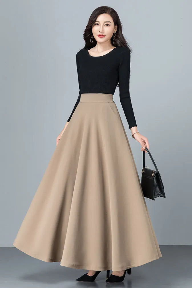 Black Cotton Blend A-Line Long Skirt - Back Elastic Waist 4092