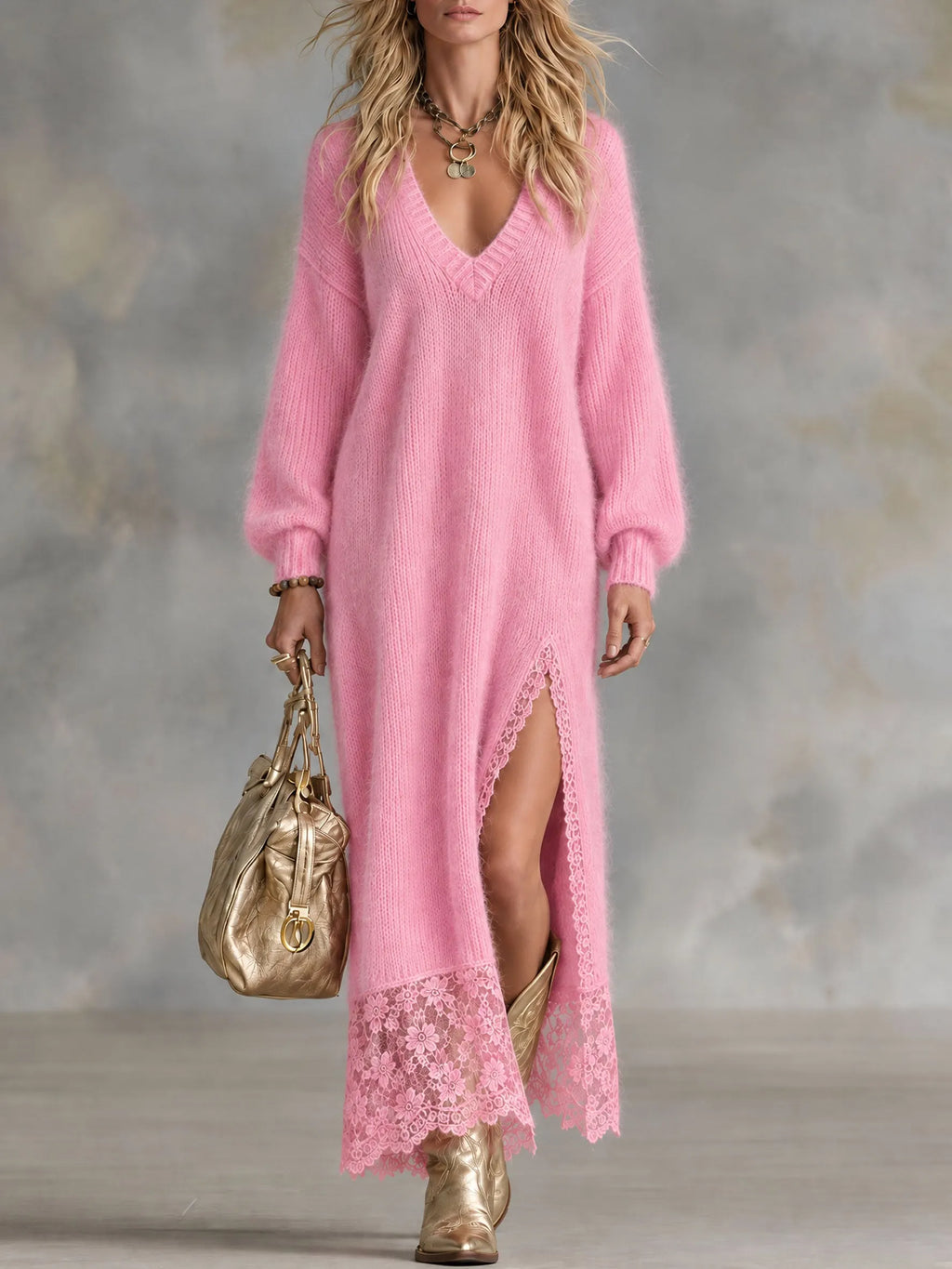 Fashionable Long-sleeved V-neck Lace Pink Mohair Knit Maxi Dress