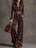 Women's Plaid Velvet Zip-Front Wide-Leg Jumpsuit