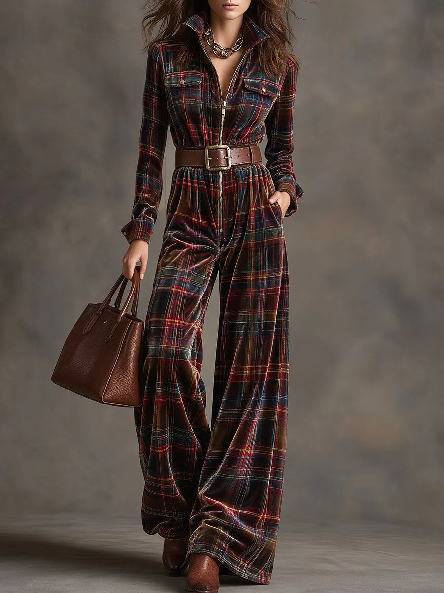 Women's Plaid Velvet Zip-Front Wide-Leg Jumpsuit