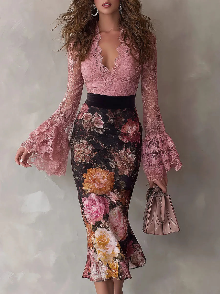 Elegant Lace Top With Flared Sleeves & Vintage Oil Painting Print Velvet Midi Skirt Set