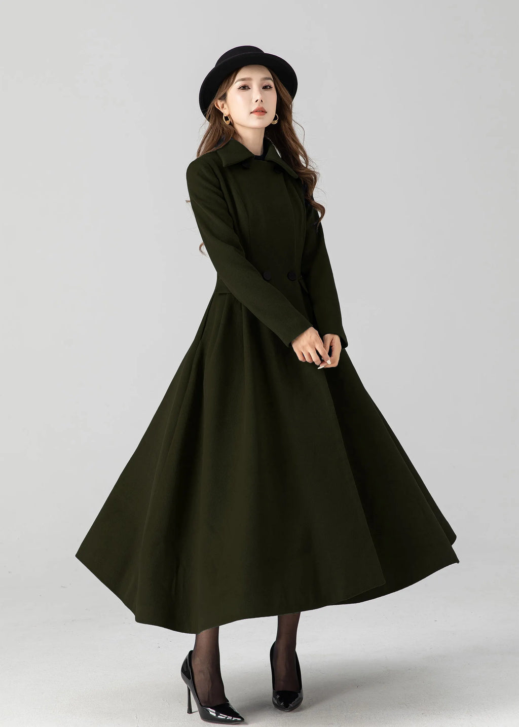 Army Green Wool Long Coat - Vintage Inspired A-Line Swing 5505
