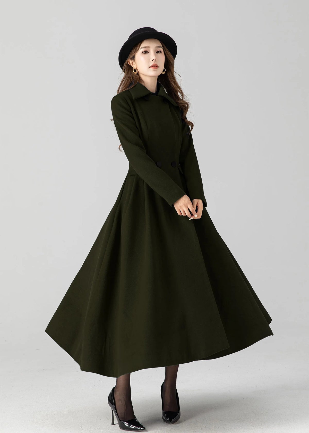 Army Green Wool Long Coat - Vintage Inspired A-Line Swing 5505