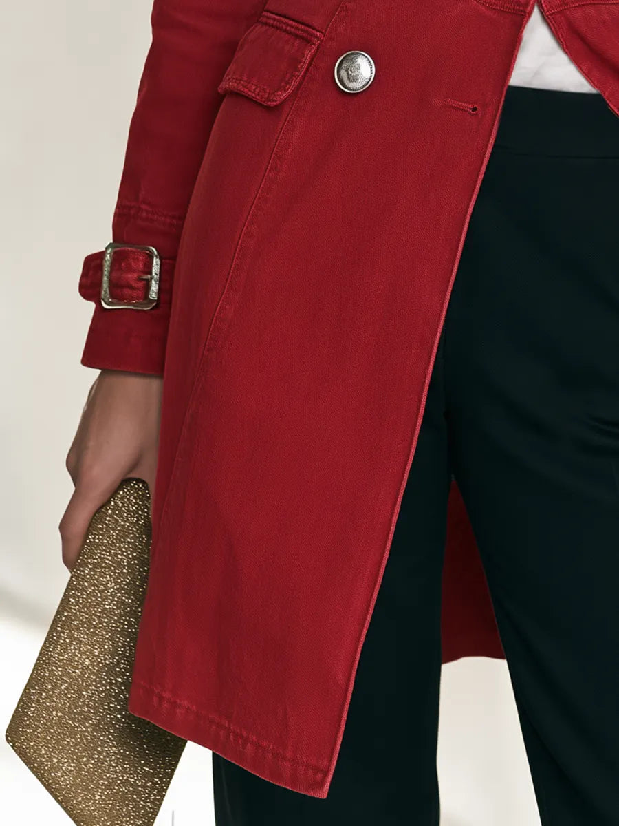 Women's Red Double-Breasted Denim Trench Coat