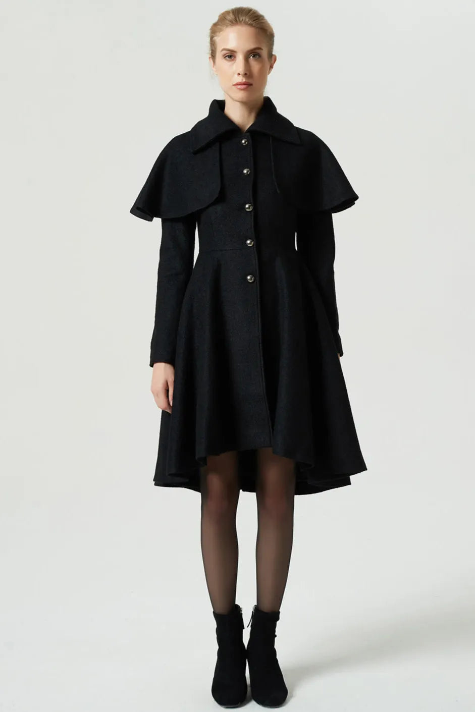Black Wool Blend Cape Coat – Handmade Vintage High-Low Winter Elegance 1975