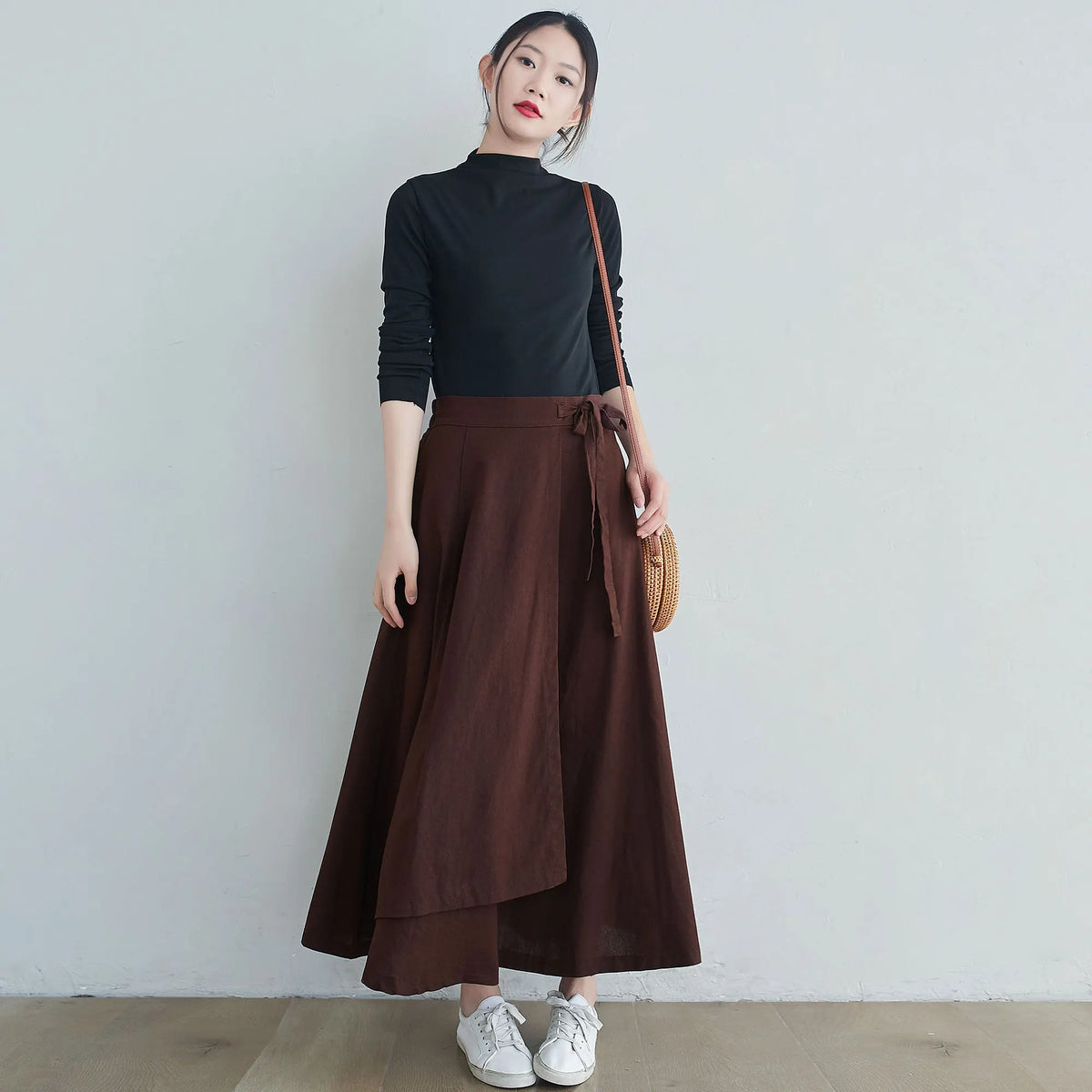 Brown Linen Blend Long Wrap Skirt - Asymmetrical, Elastic Waist 2553