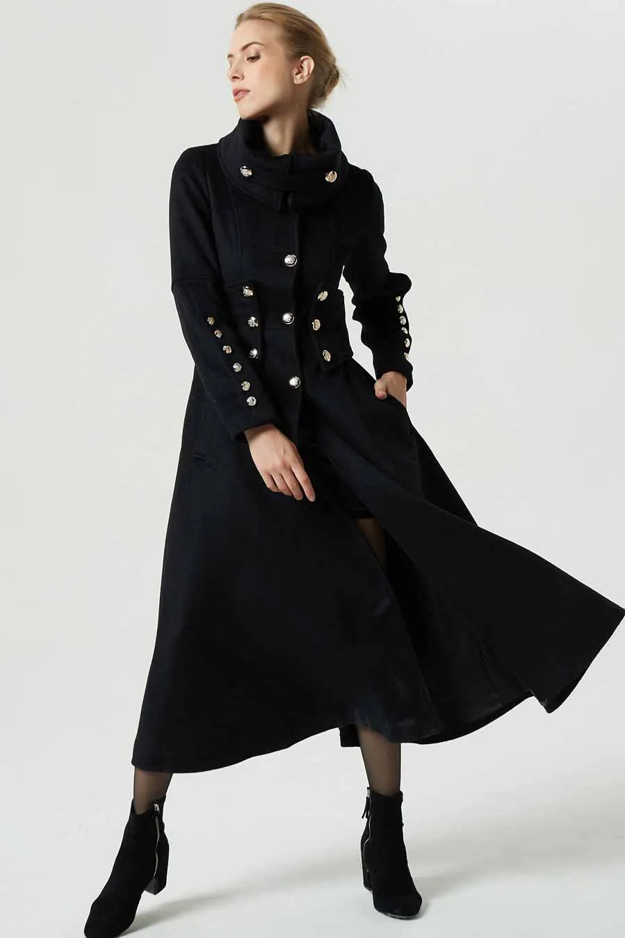 Black Wool Military Long Coat - Oversized Collar with Silver Buttons 1972