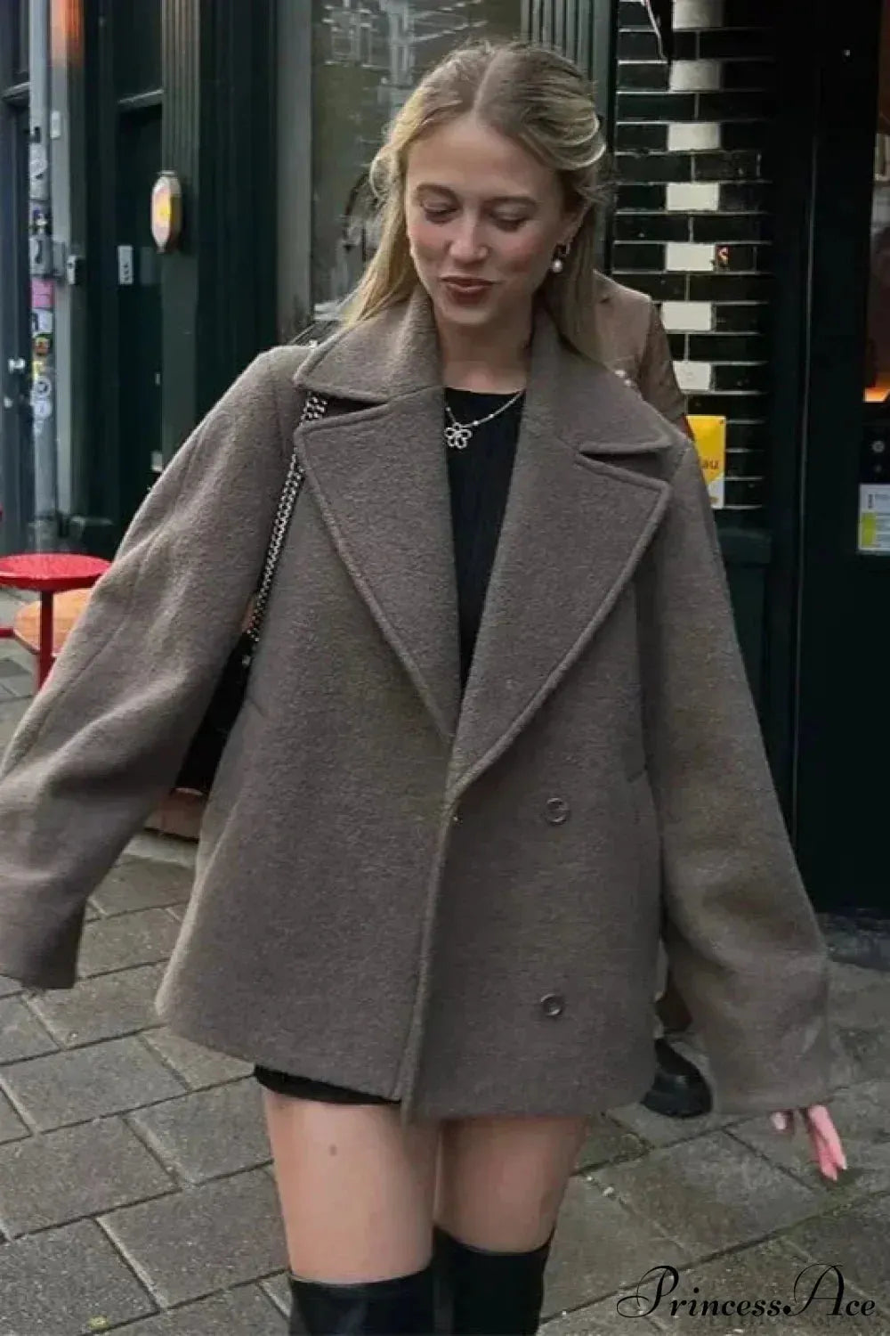 Wool Double Breasted Collared Short Sleeve Coat