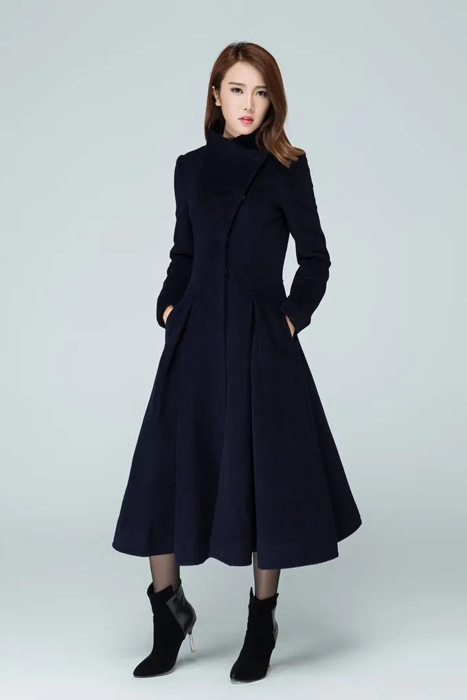 Classic Navy Wool Blend Coat – High Collar & Flowing Midi Silhouette 1605