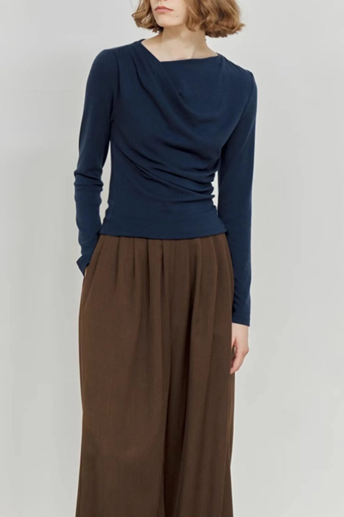 Blue Knit Pleated Top - Long Sleeve Relaxed Fit 