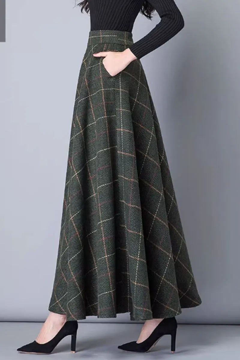 Winter Wool Maxi Skirt - Plaid Pattern with Pockets 4639-6