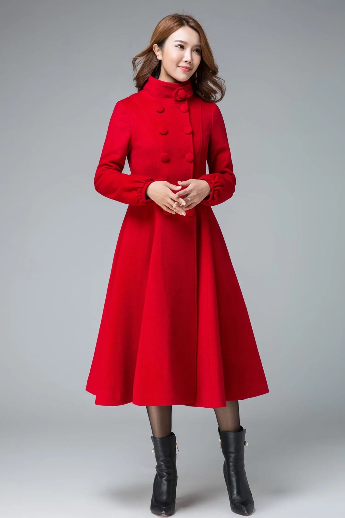 Red Wool Coat – Handmade Vintage Double Breasted Winter Swing Coat 
