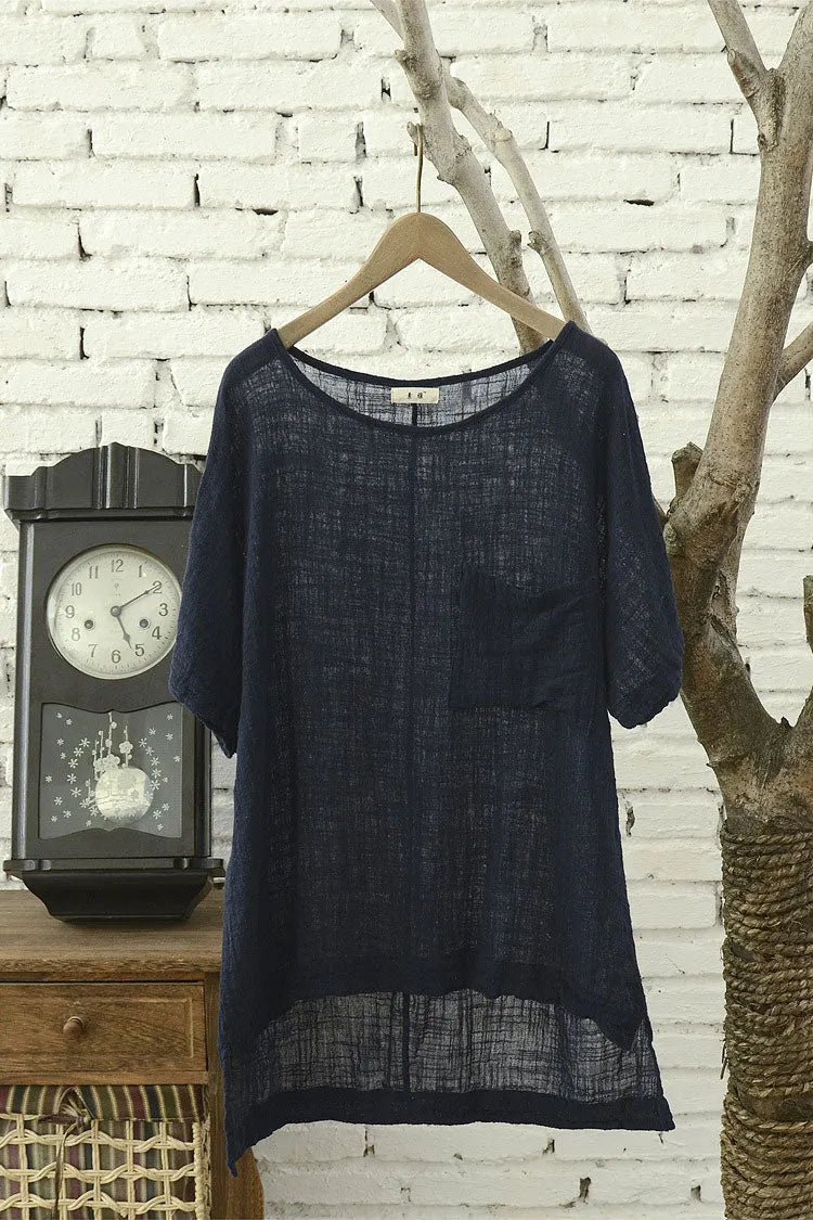 Linen Tunic Top - Round Neck Half Sleeve Longline 