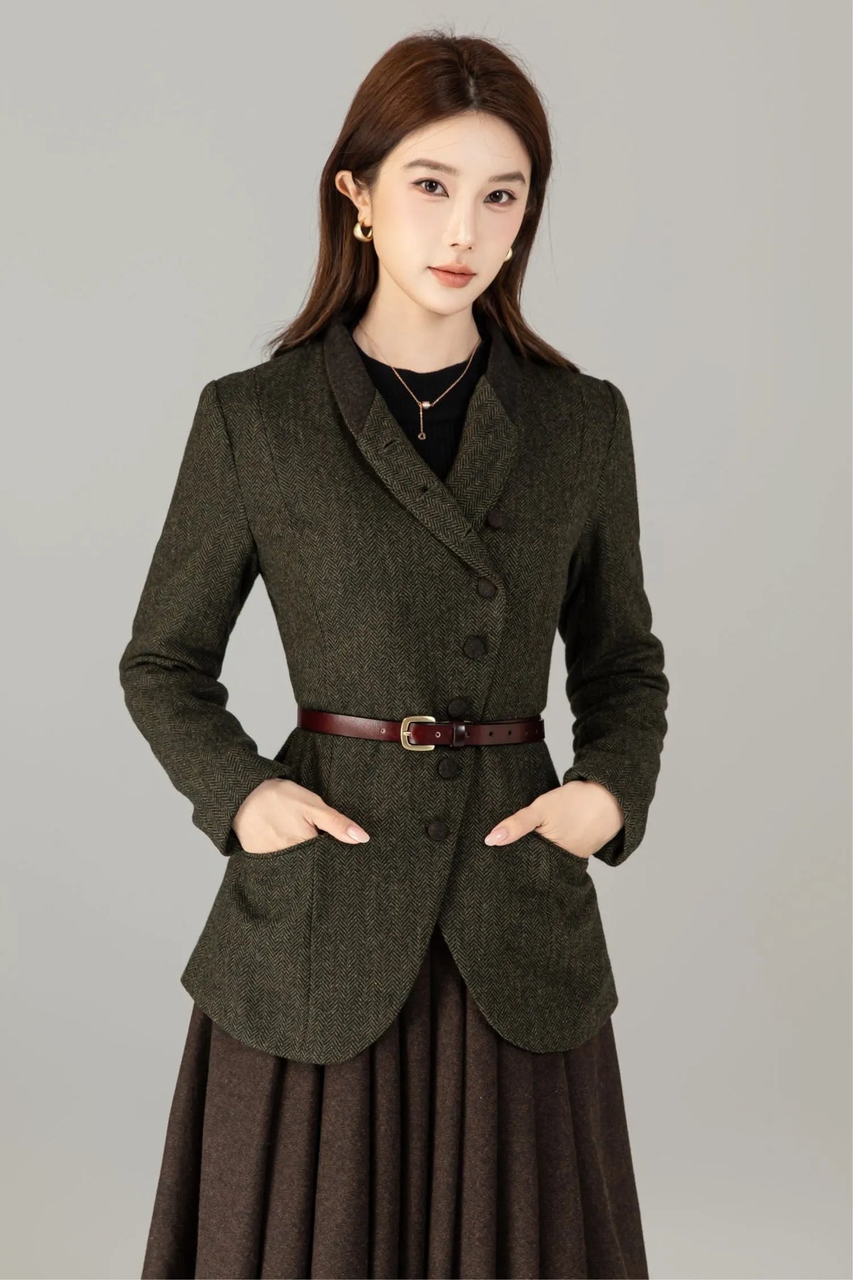 Handmade Wool Blend Herringbone Jacket – Vintage Short Coat 