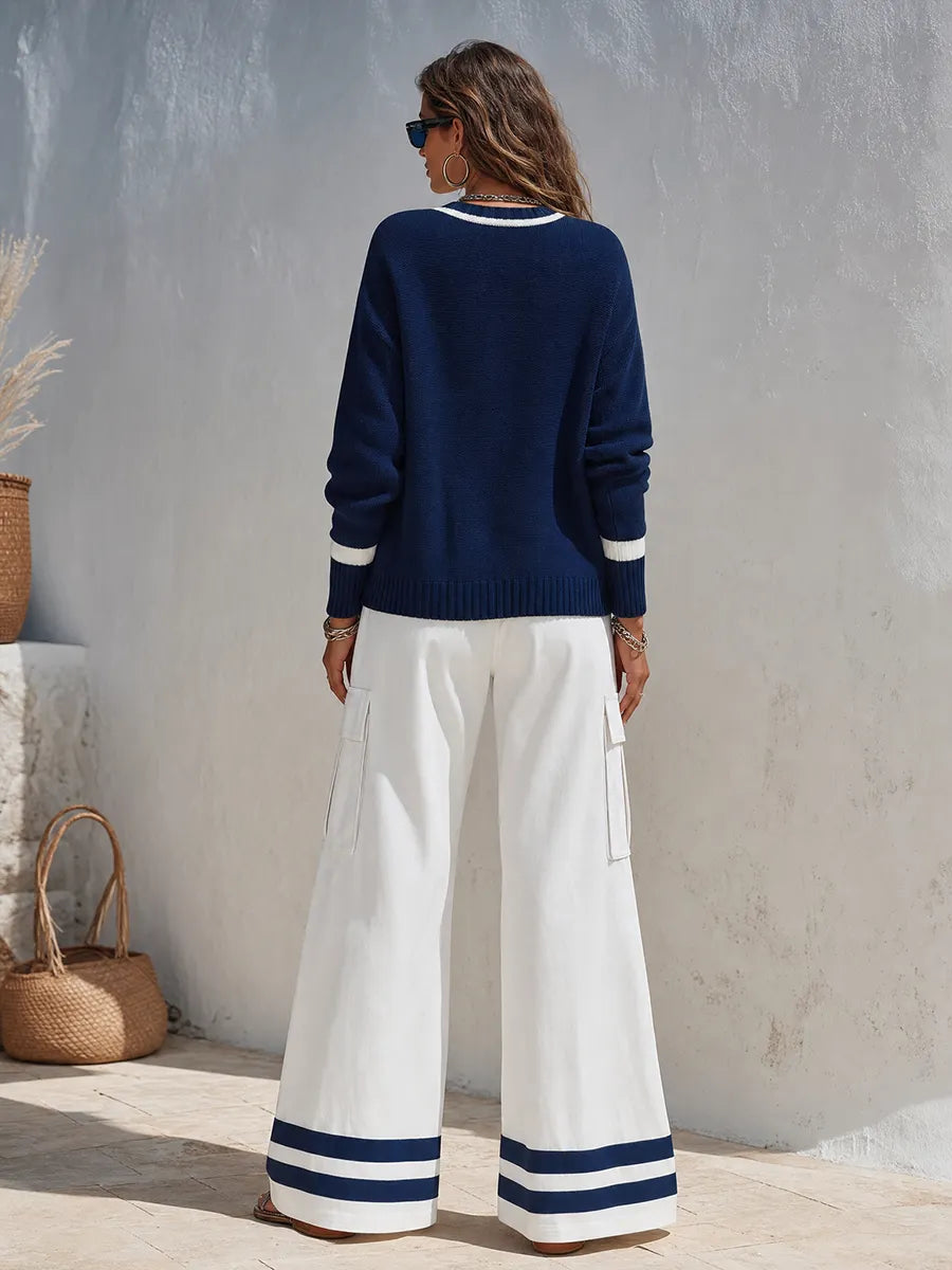Retro Casual Color-blocked Striped Knit Cardigan