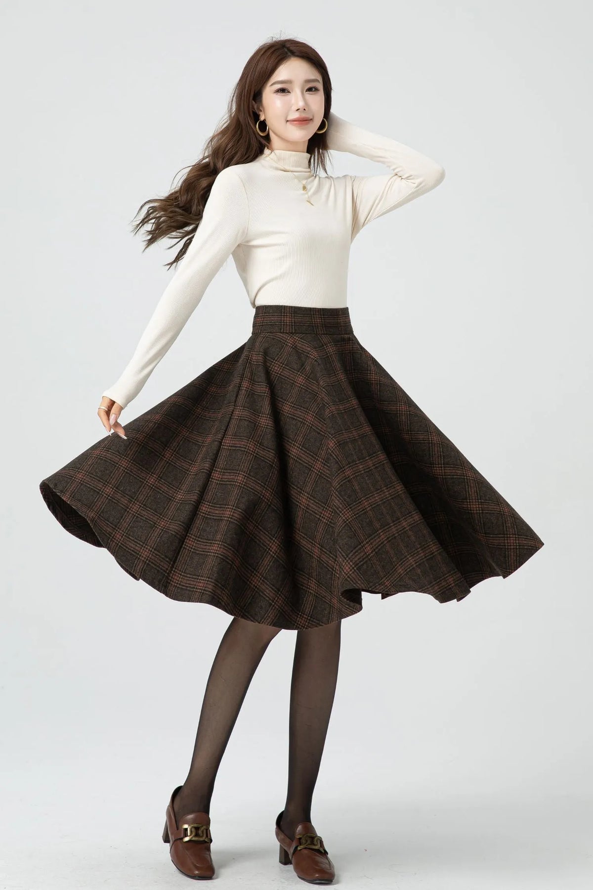 Brown Plaid Wool Midi Skirt – Vintage High Waist Pleated Circle Skirt 5323