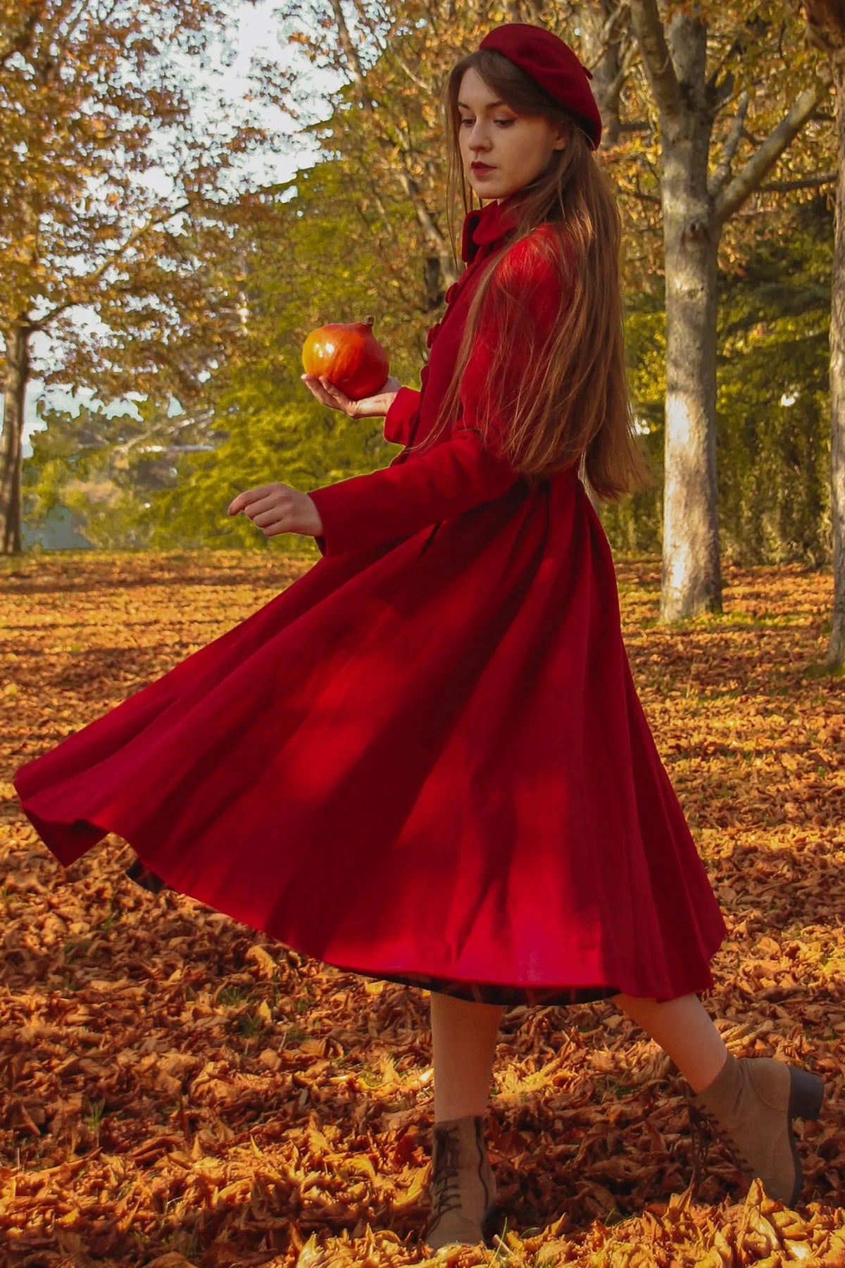 Red Wool Maxi Coat - Vintage Princess Silhouette with Pleated Detail 3219