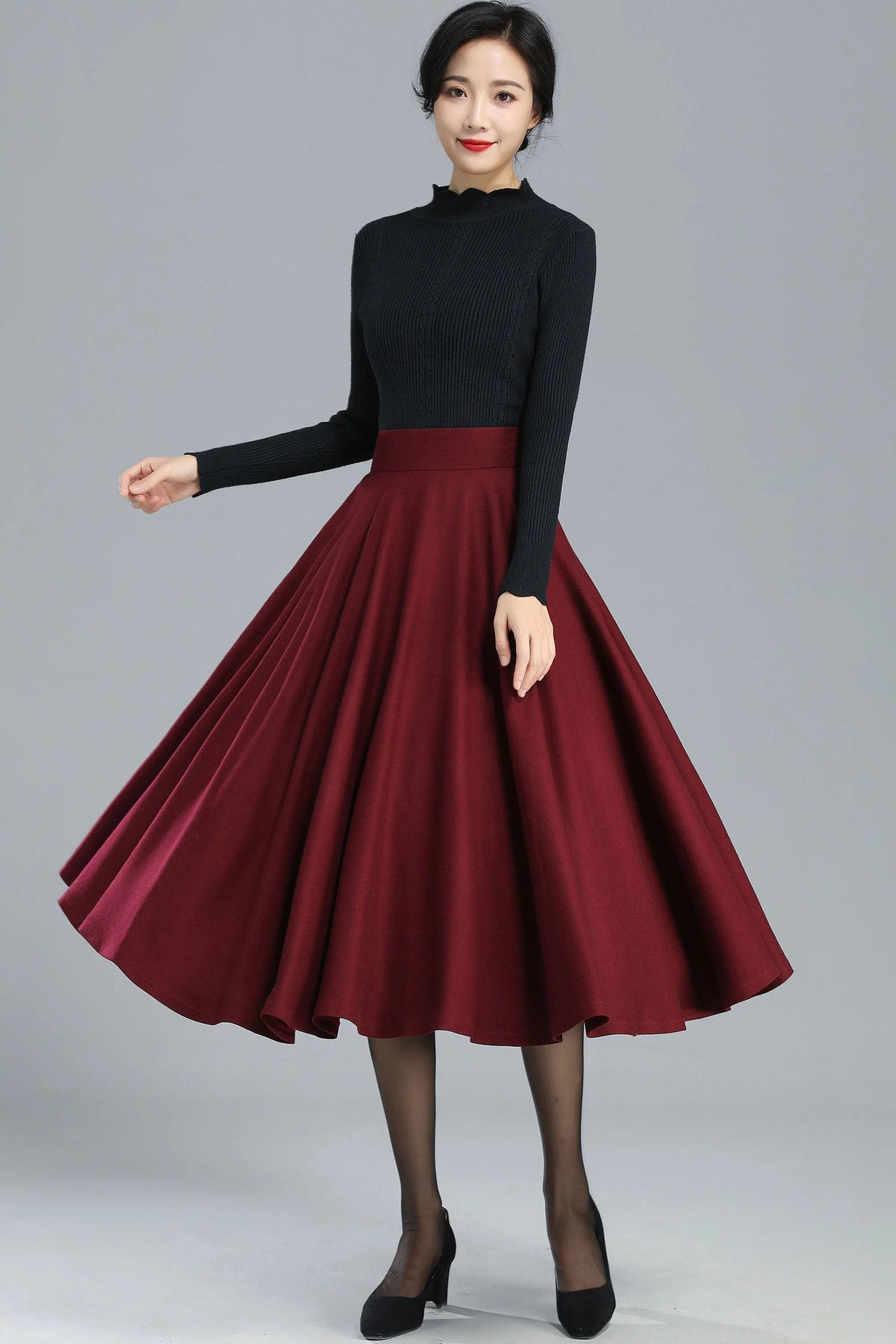 Burgundy Wool Blend Midi Skirt - High-Waisted Full Circle 