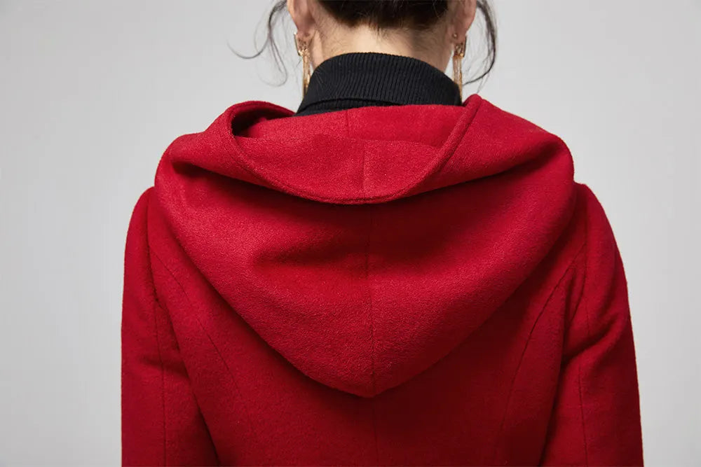 Red Wool Blend Hooded Coat – Handmade Double-Breasted Winter Elegance 2199