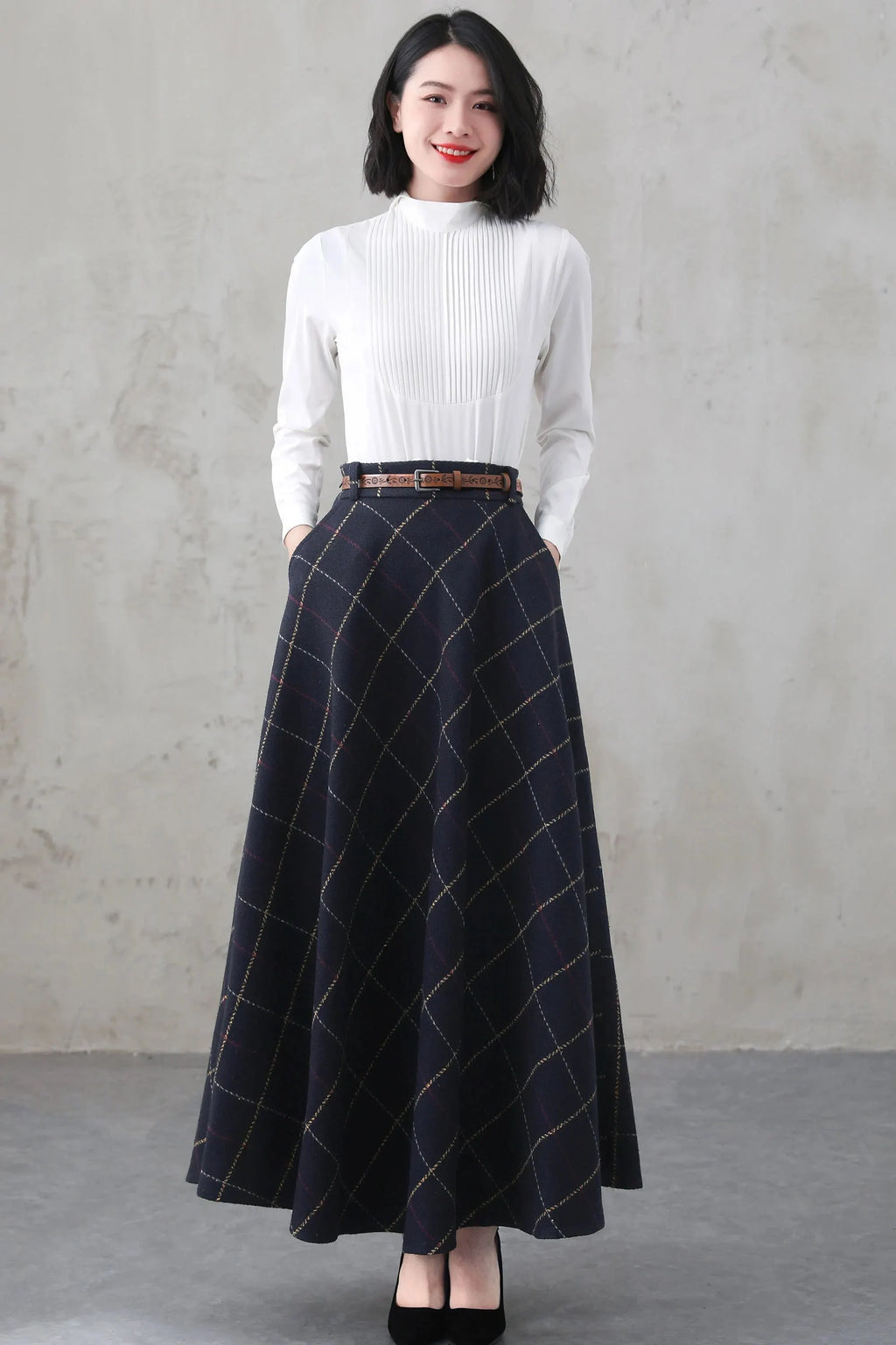 Blue Plaid Wool Blend A-Line Maxi Skirt - Vintage with Pockets 4001
