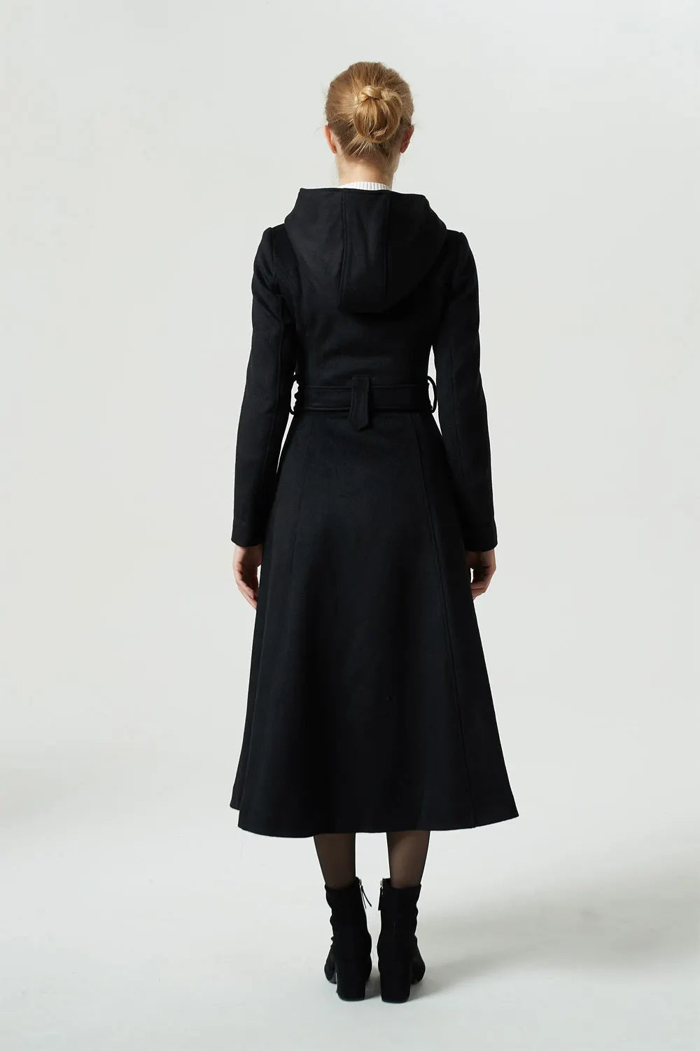 Handmade Black Wool Hooded Coat – Vintage Fit and Flare Maxi Winter Overcoat 