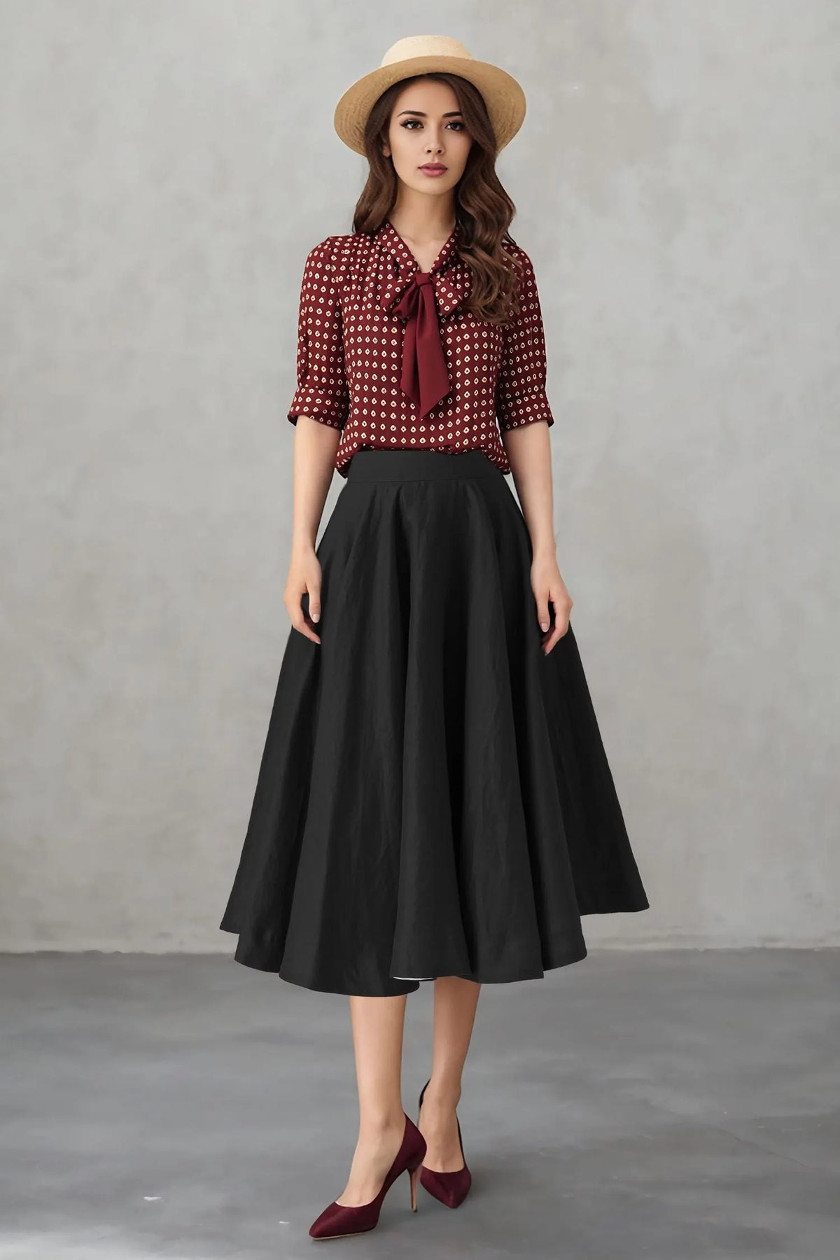 Black Linen Midi Skirt - High Waist A-Line 