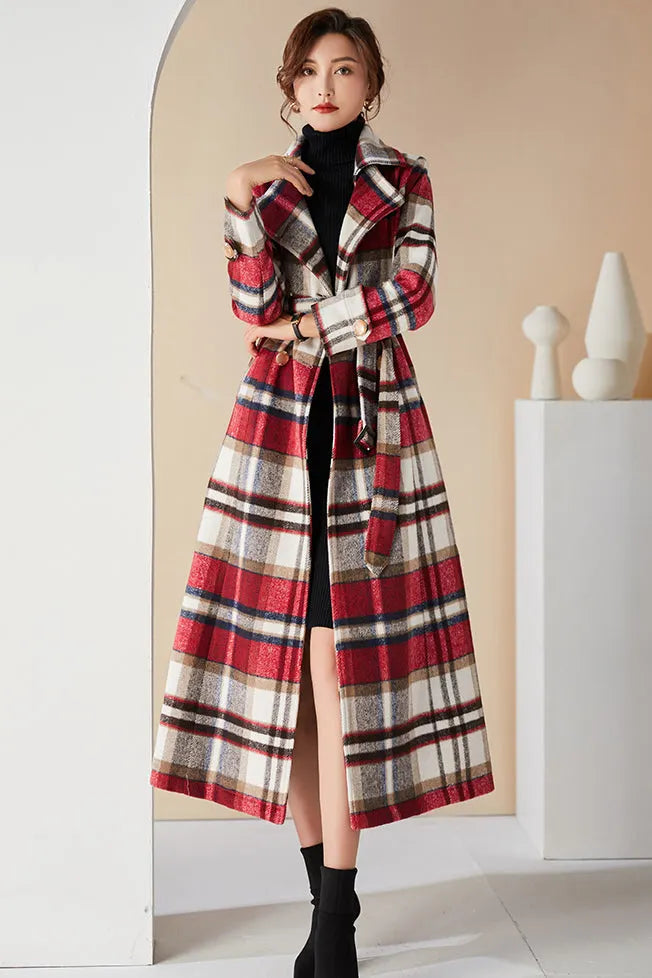 Handmade Plaid Wool Coat – Vintage Red Check Double-Breasted Long Belted Overcoat 