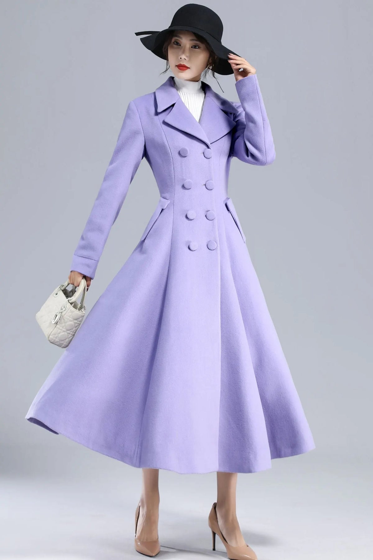 Purple Wool Fit-and-Flare Long Coat - Double-Breasted Elegant Silhouette 3232