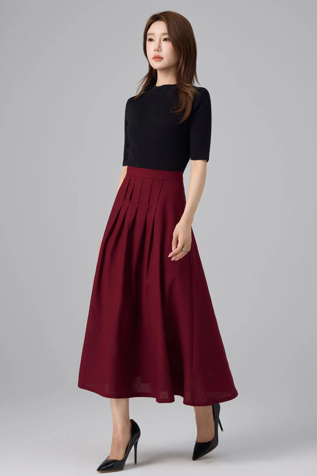 Burgundy Linen Midi Skirt - High Waist Pleated A-Line 